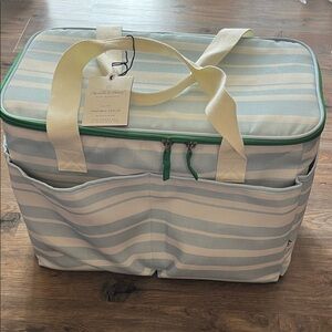 Hearth & Hand Light Blue & White Striped Cooler Tote with Green Trim